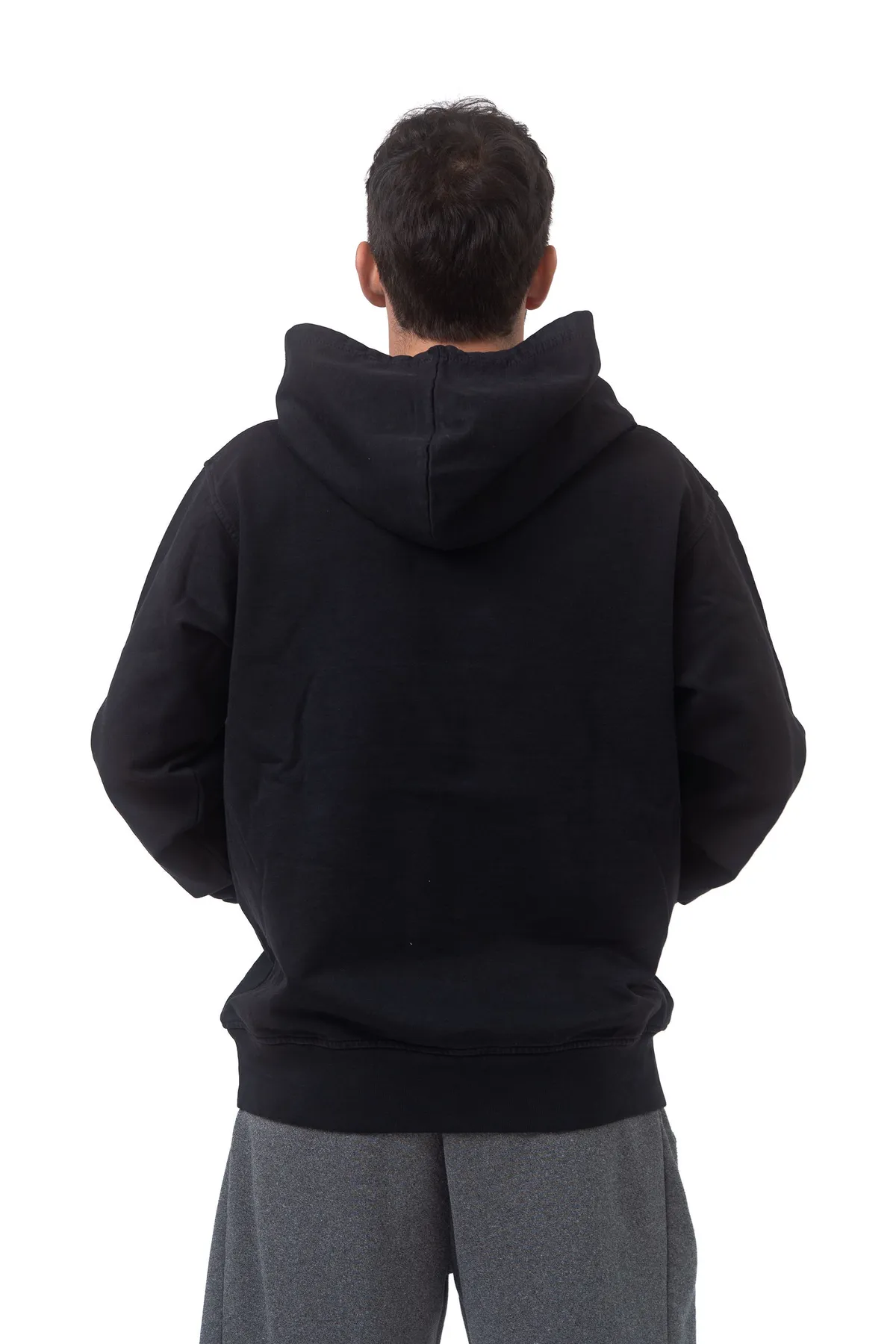 Hoodie negra, vista posterior con capucha